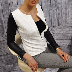 Female Outwear PU Leather Patchwork Spring Autumn Plaid Women Thin Coats Short Jackets Casual Slim Blazers Suit Cardigans - kinko