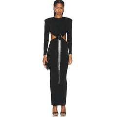 Sexy Backless Black Long Sleeve Hollow Flower Tassel Decoration Dress - kinko