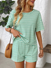 Striped Round Neck Short Sleeve Top and Shorts Set - kinko