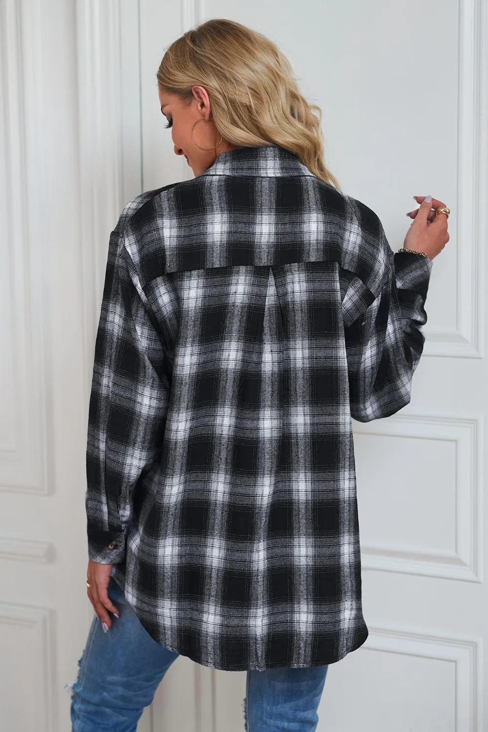 Plaid Button Up Dropped Shoulder Outerwear - kinko