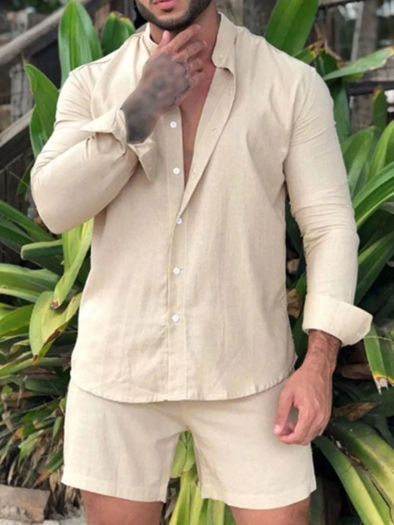 Men's Full Size Button Up Long Sleeve Shirt and Shorts Set Plus Size - kinko
