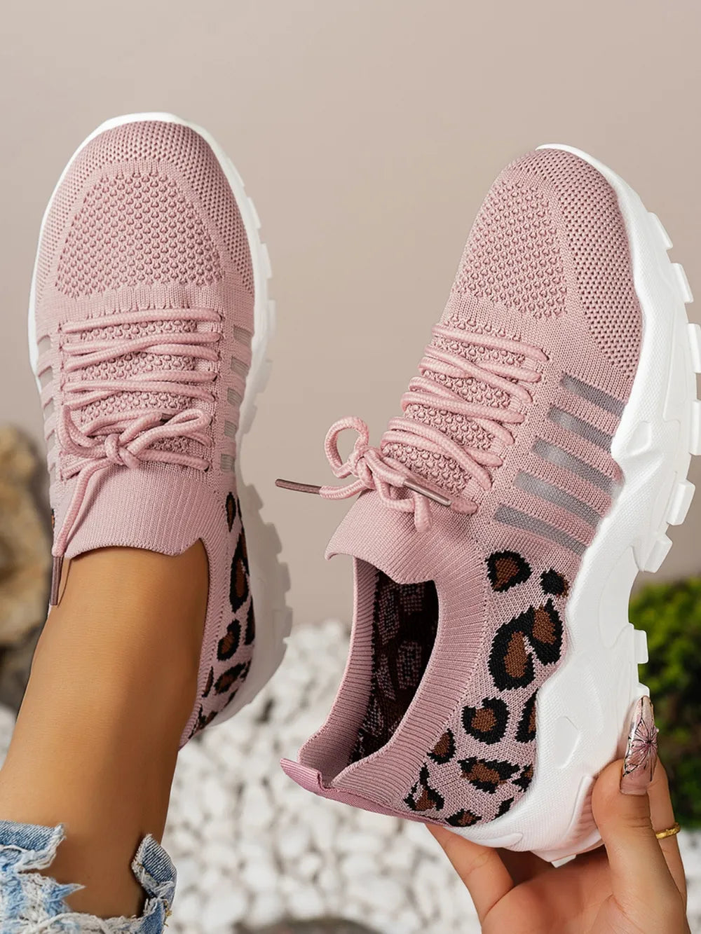 Cutout Leopard Lace Up Mesh Athletic - kinko