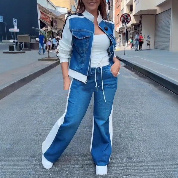 Damenmode Denim Stitching Langarm Reißverschluss Zweiteiliges Set