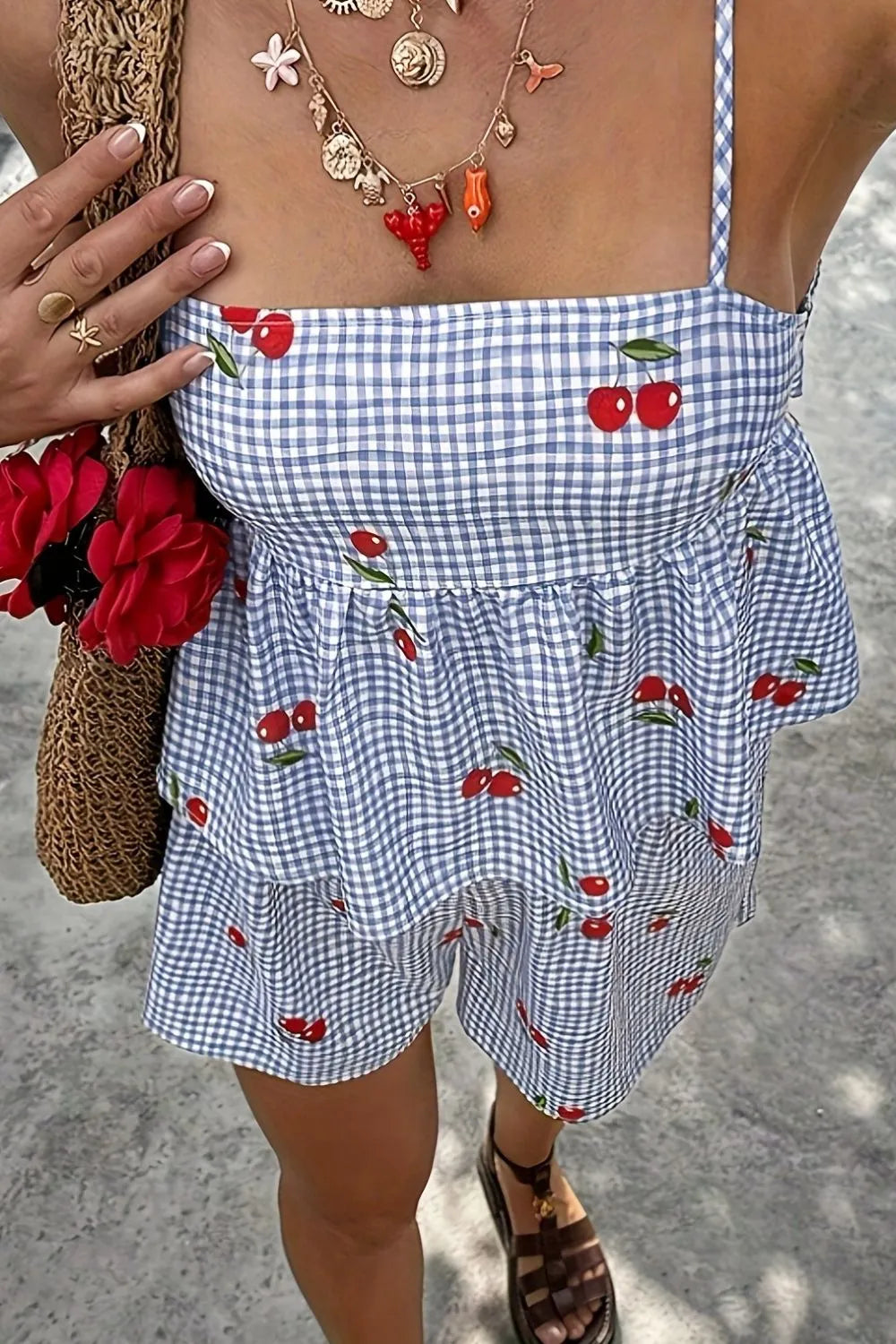 Floral Gingham Print Cami and Shorts Two-Piece Set - kinko