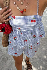 Floral Gingham Print Cami and Shorts Two-Piece Set - kinko