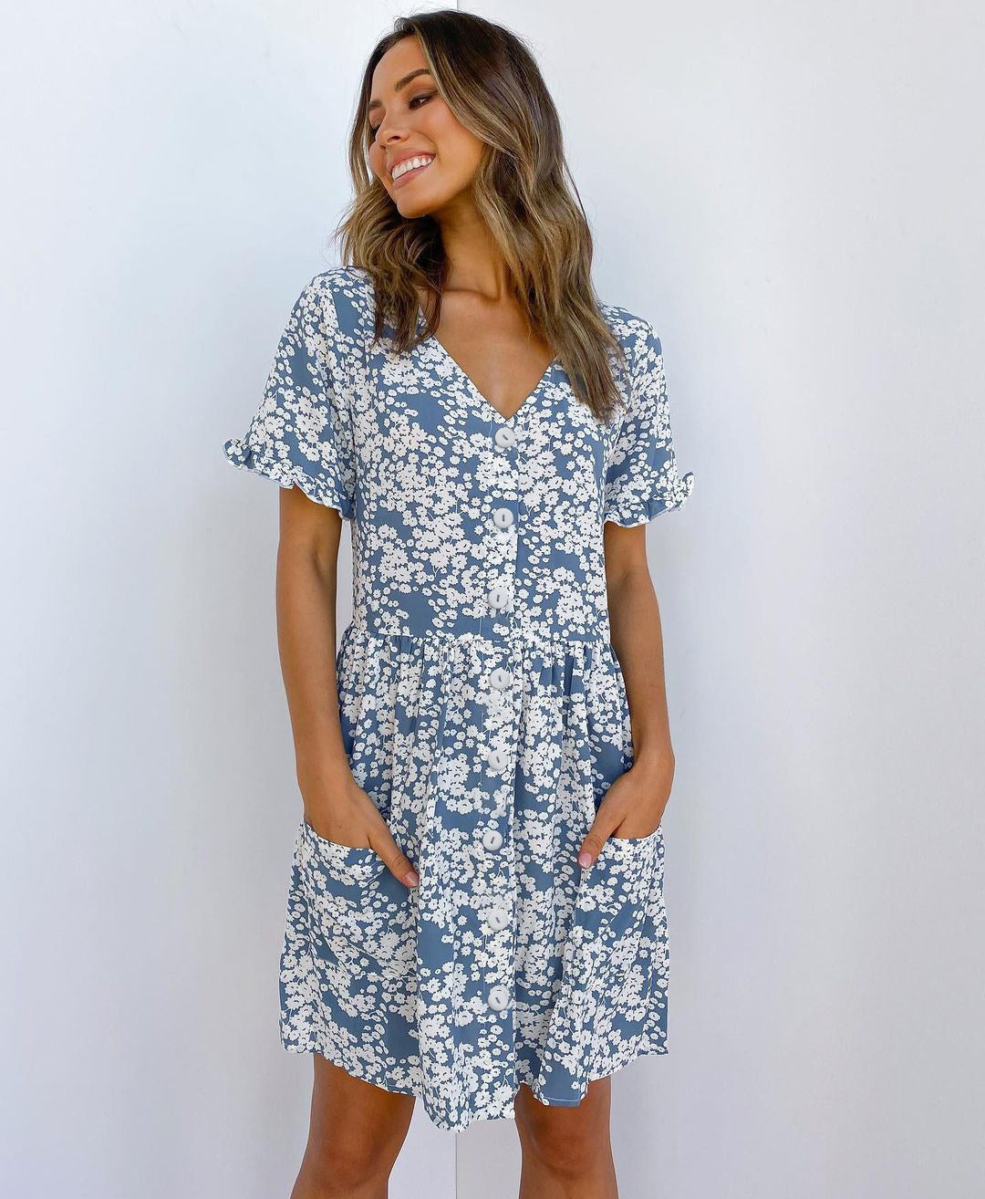 Summer Women Mini Dresses Spring Short Sleeve Dot Printed - kinko