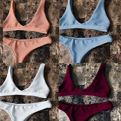 Damen Bikini-Set, gepolsterte Badebekleidung, einfarbig, Strandmode