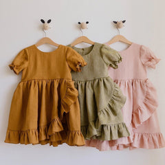 Girls' Dresses, Princess Dresses, Cotton And Linen Short-sleeved Ruffles - kinko