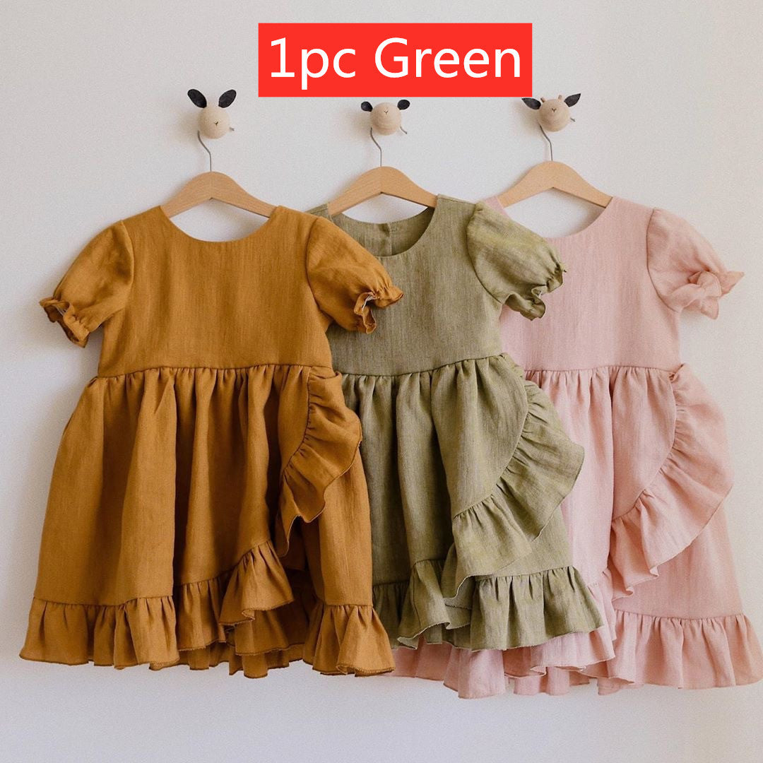 Girls' Dresses, Princess Dresses, Cotton And Linen Short-sleeved Ruffles - kinko