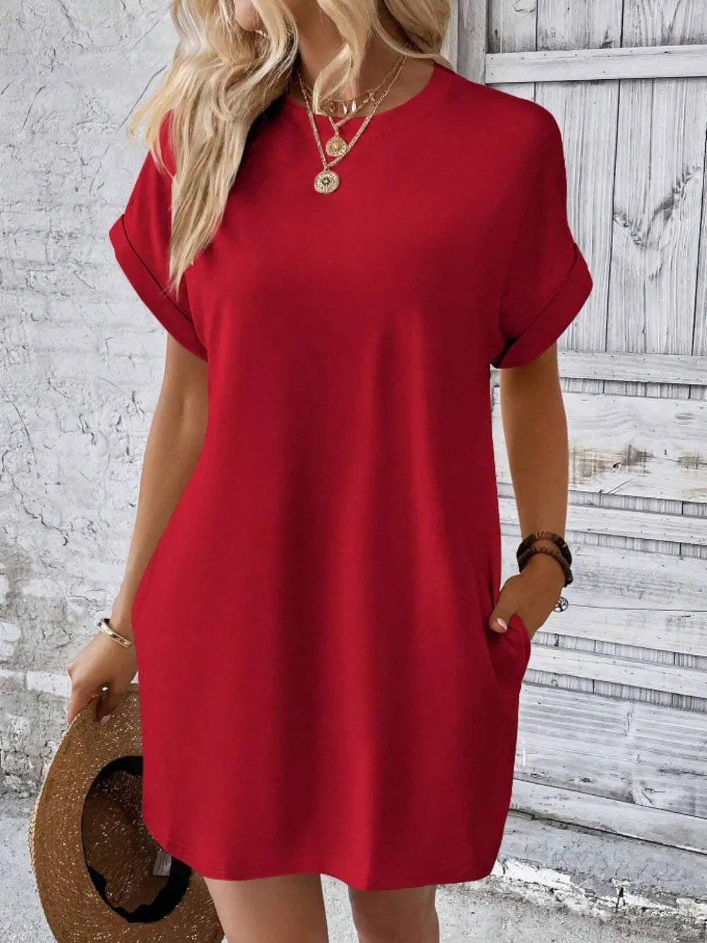 Pocketed Round Neck Short Sleeve Dress - kinko