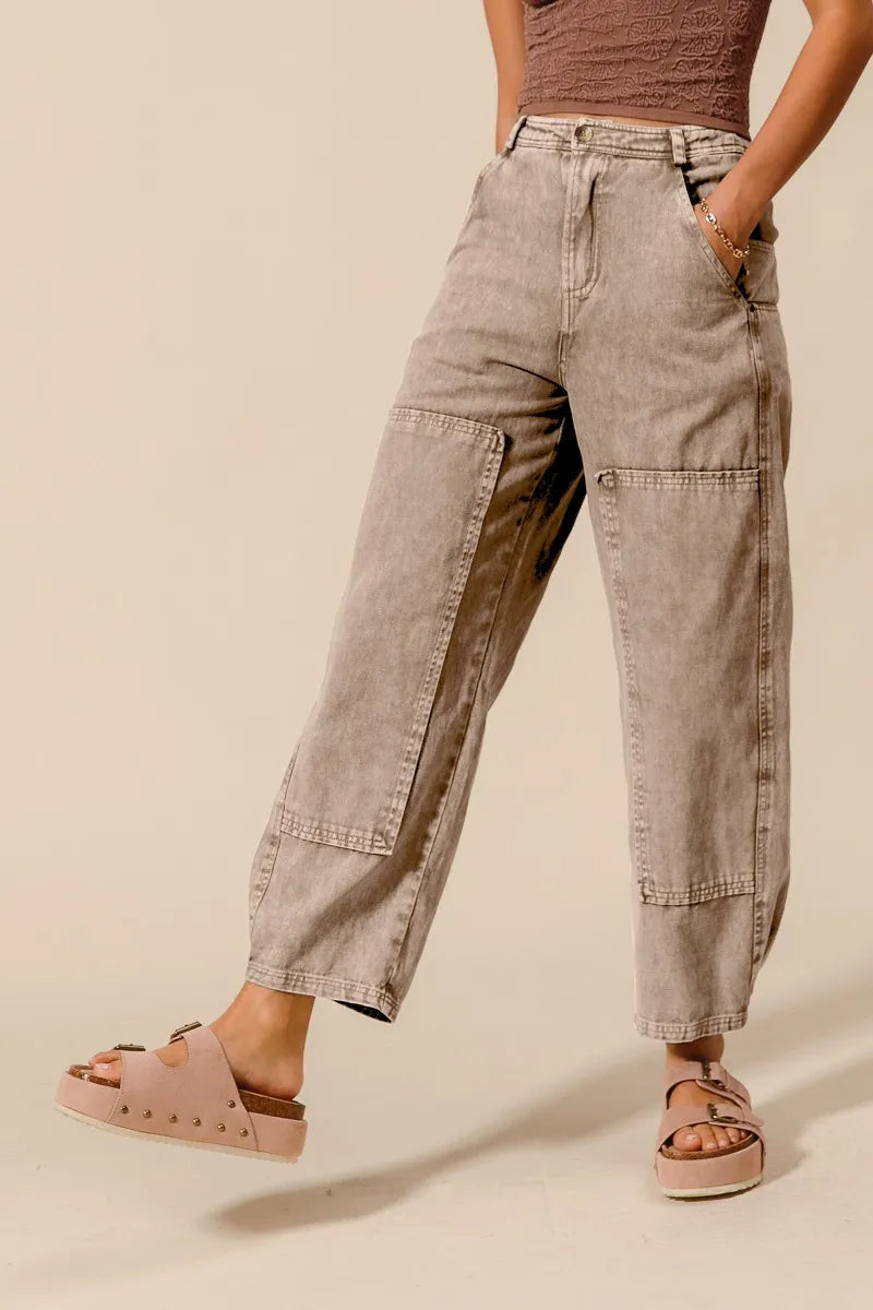 SO ME Mineral Washed Mid Rise Barrel Shape Pants - kinko