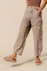 SO ME Mineral Washed Mid Rise Barrel Shape Pants - kinko