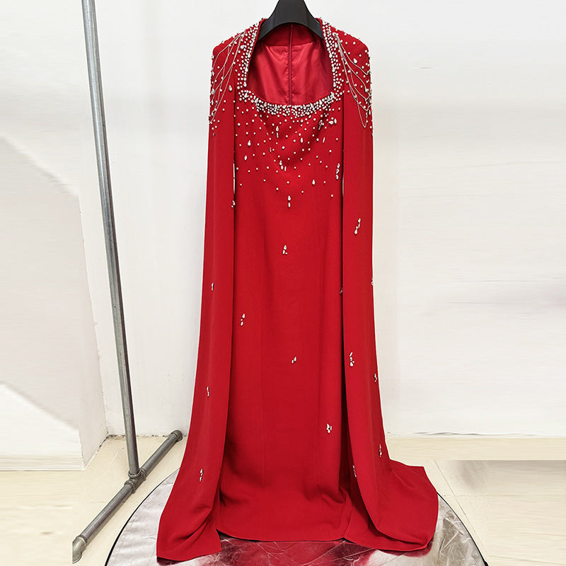 Beaded Lanyard Shawl Sleeve And Floor Long Dress - kinko