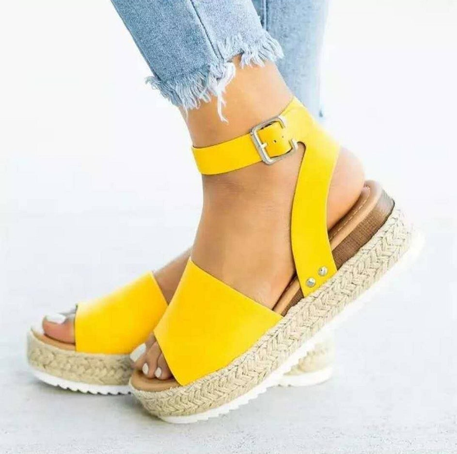plus Size Summer Platform Heel Buckle Sandals Women Leopard Print Hemp Rope Woven Wedge - kinko Global Holdings inc
