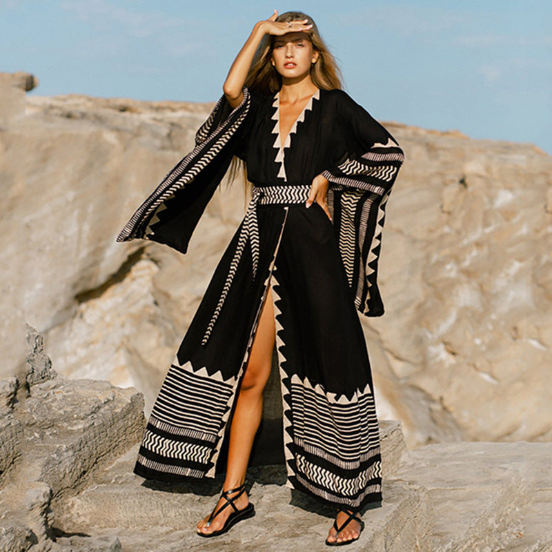 Cotton Printed Cardigan Seaside Vacation Sun Protection Shirt Beach Bikini Cover Swimsuit Outwear Women - kinko Global Holdings inc