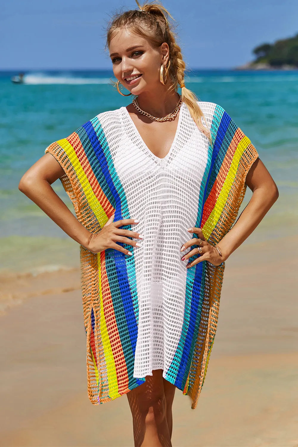 Angel Wings Openwork Striped Slit Knit Cover Up - kinko