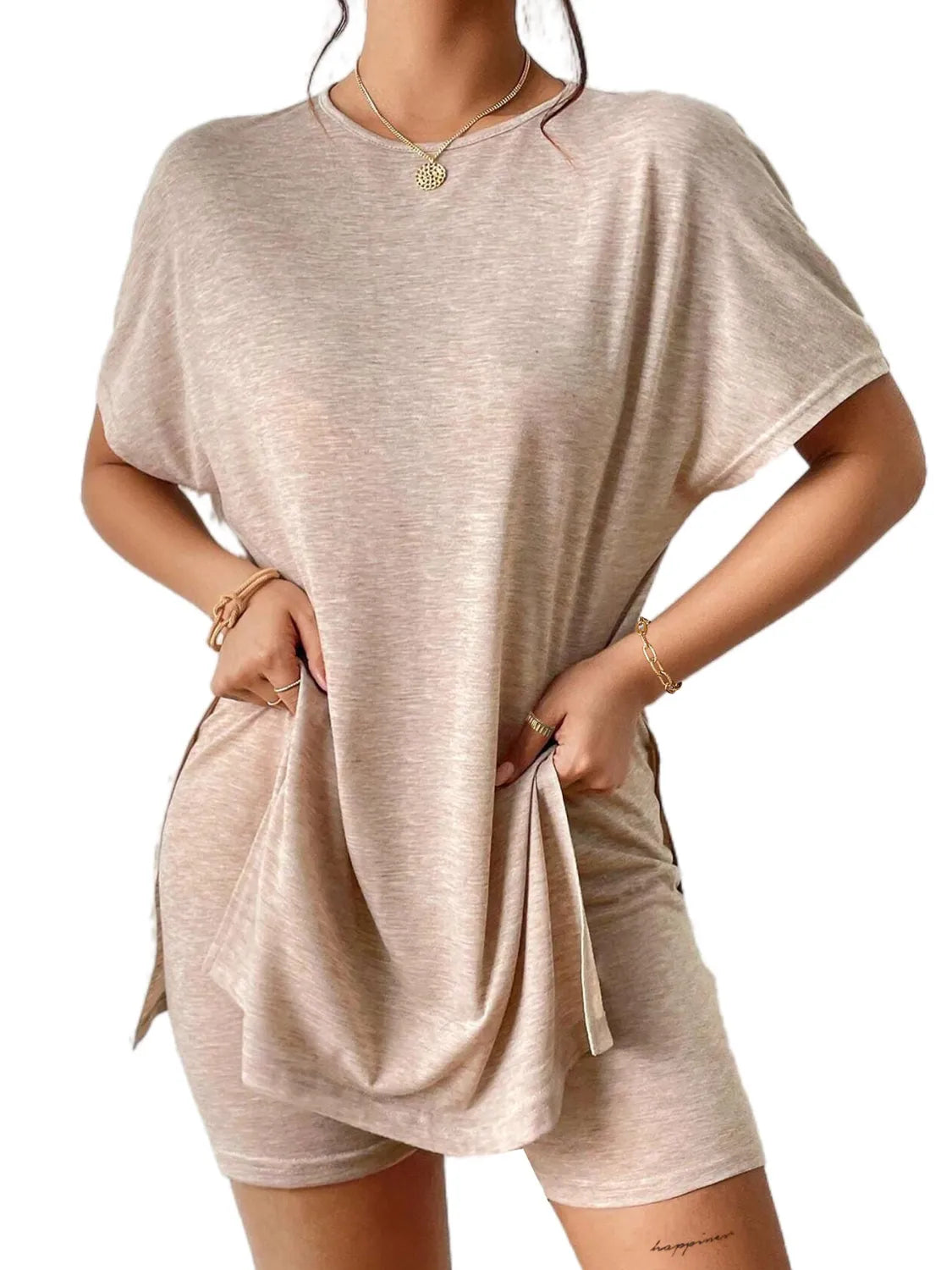 Slit Round Neck Short Sleeve Oversized Top and Shorts Set - kinko