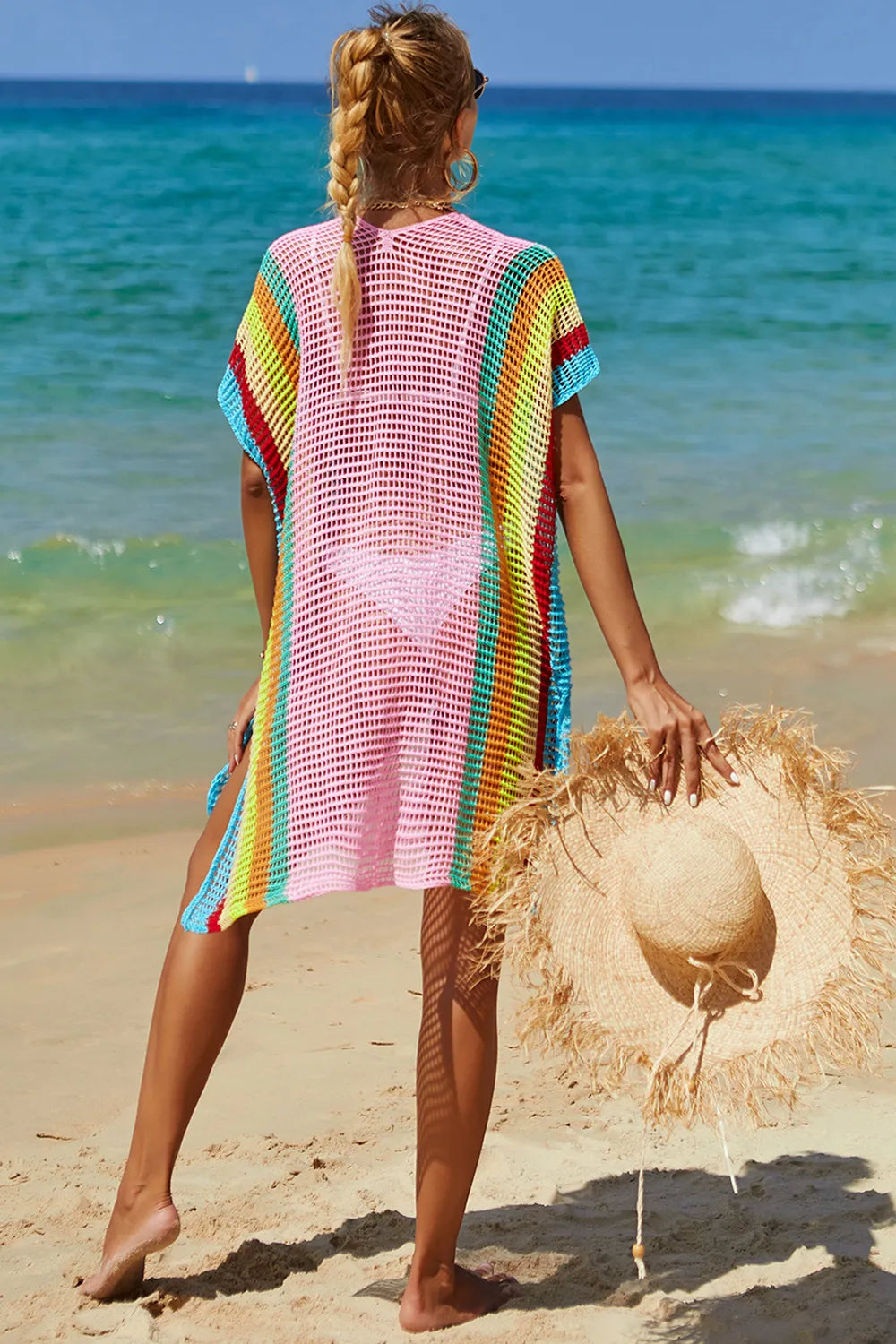 Angel Wings Openwork Striped Slit Knit Cover Up - kinko