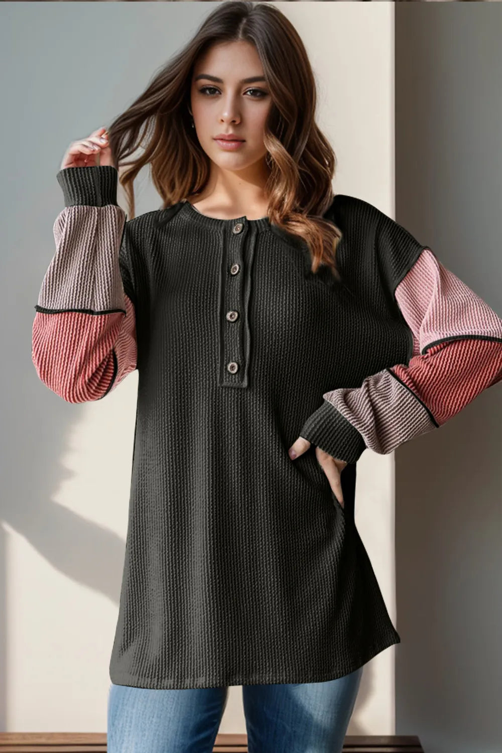 Double Take Full Size Color Block Round Neck Long Sleeve T-Shirt - kinko