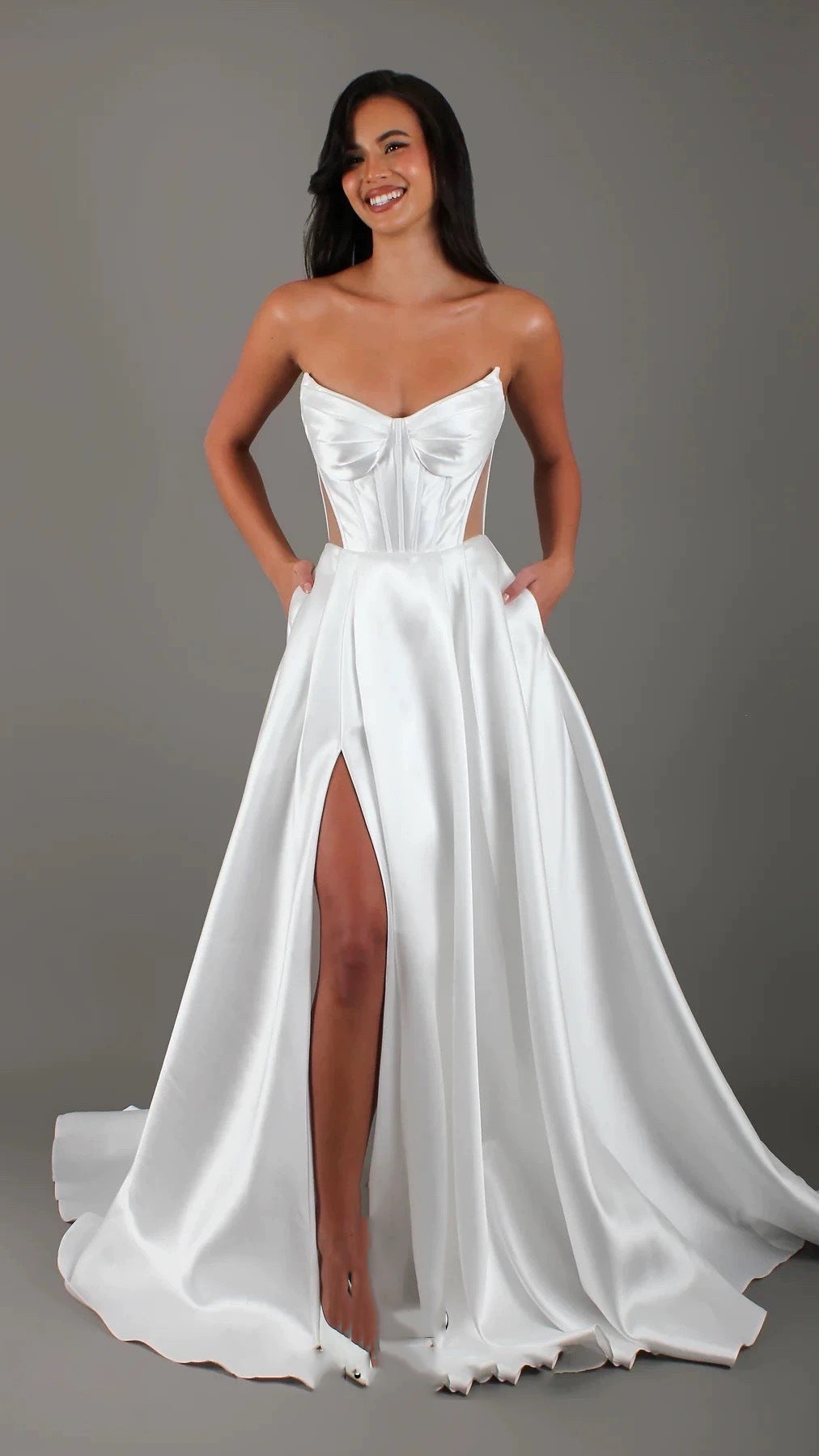 White Satin Slit Pocket Bandage Wedding Dress - kinko