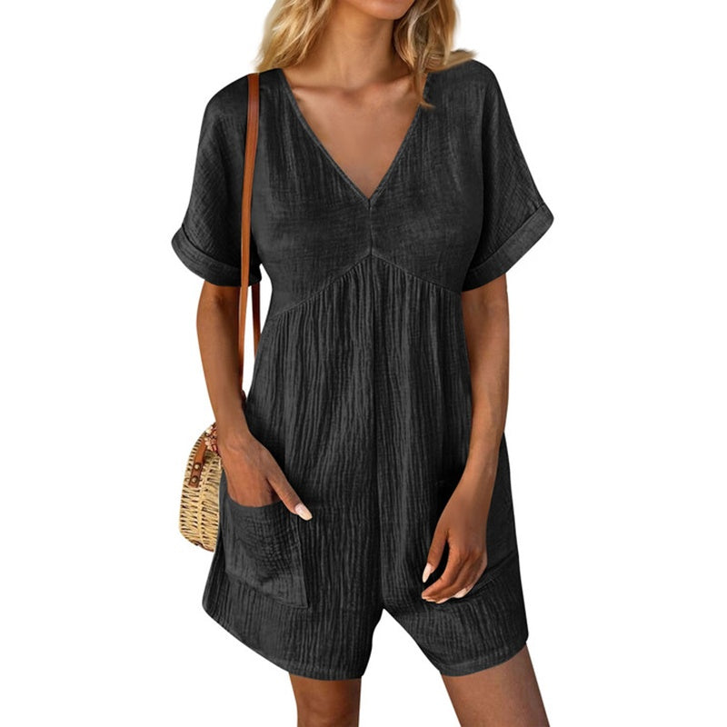 Womens Summer Romper Casual Short Sleeve V Neck Short Jumpsuits With Pockets - kinko