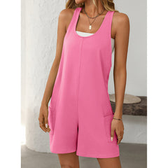 Womens Summer Casual Loose Tank Romper Sleeveless Scoop Neck Jumpsuit Shorts Romper With Pockets - kinko