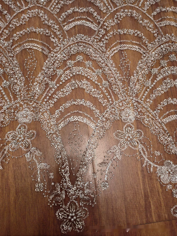 Wave Style Sequin Bead Lace Fabric Wedding Dress - kinko