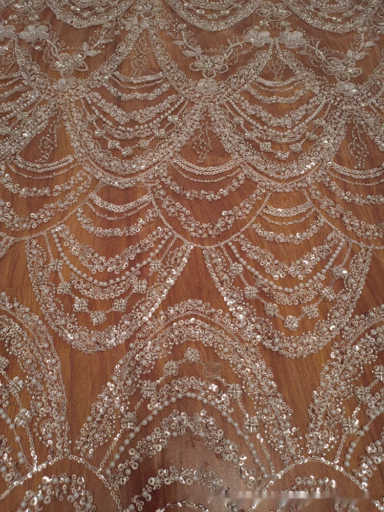 Wave Style Sequin Bead Lace Fabric Wedding Dress - kinko