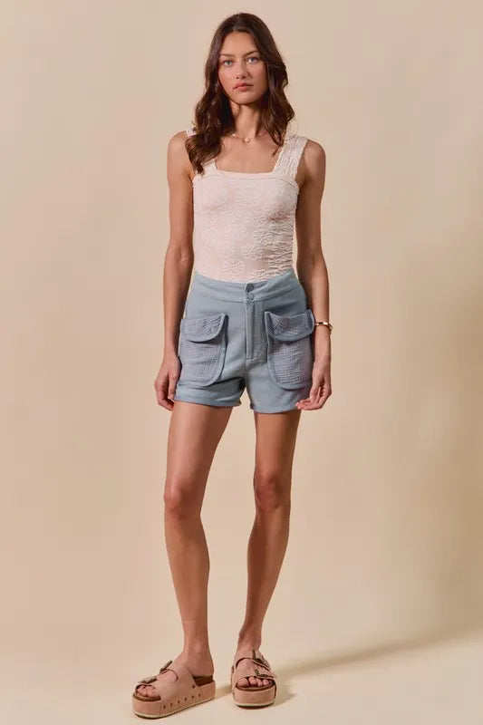 SO ME Mineral Washed Terry High Rise Cargo Shorts - kinko