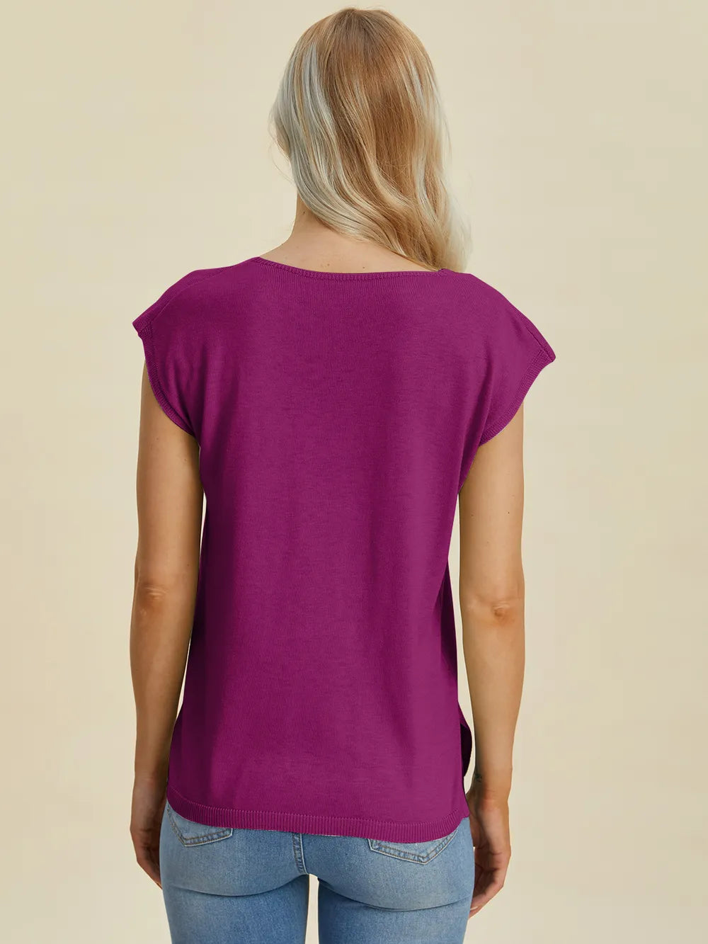 Double Take Full Size Notched Cap Sleeve Knit Top - kinko