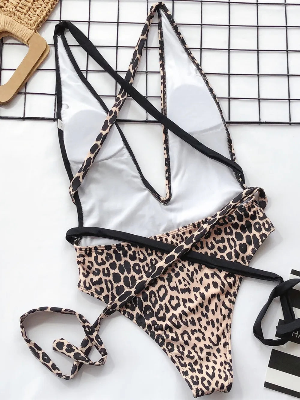 Tied Leopard Plunge One-Piece Swimwear - kinko