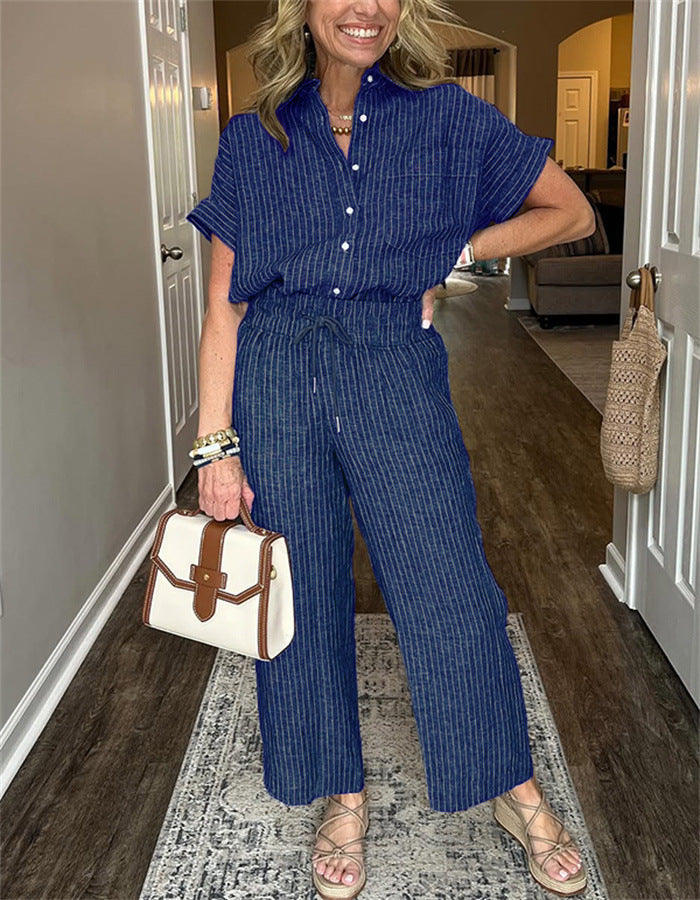 Women's Striped Suit Lapel Short Sleeve Straight Idle Style Trousers - kinko