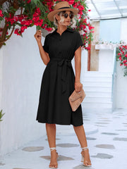 Buttoned Tie Waist Short Sleeve Dress - kinko