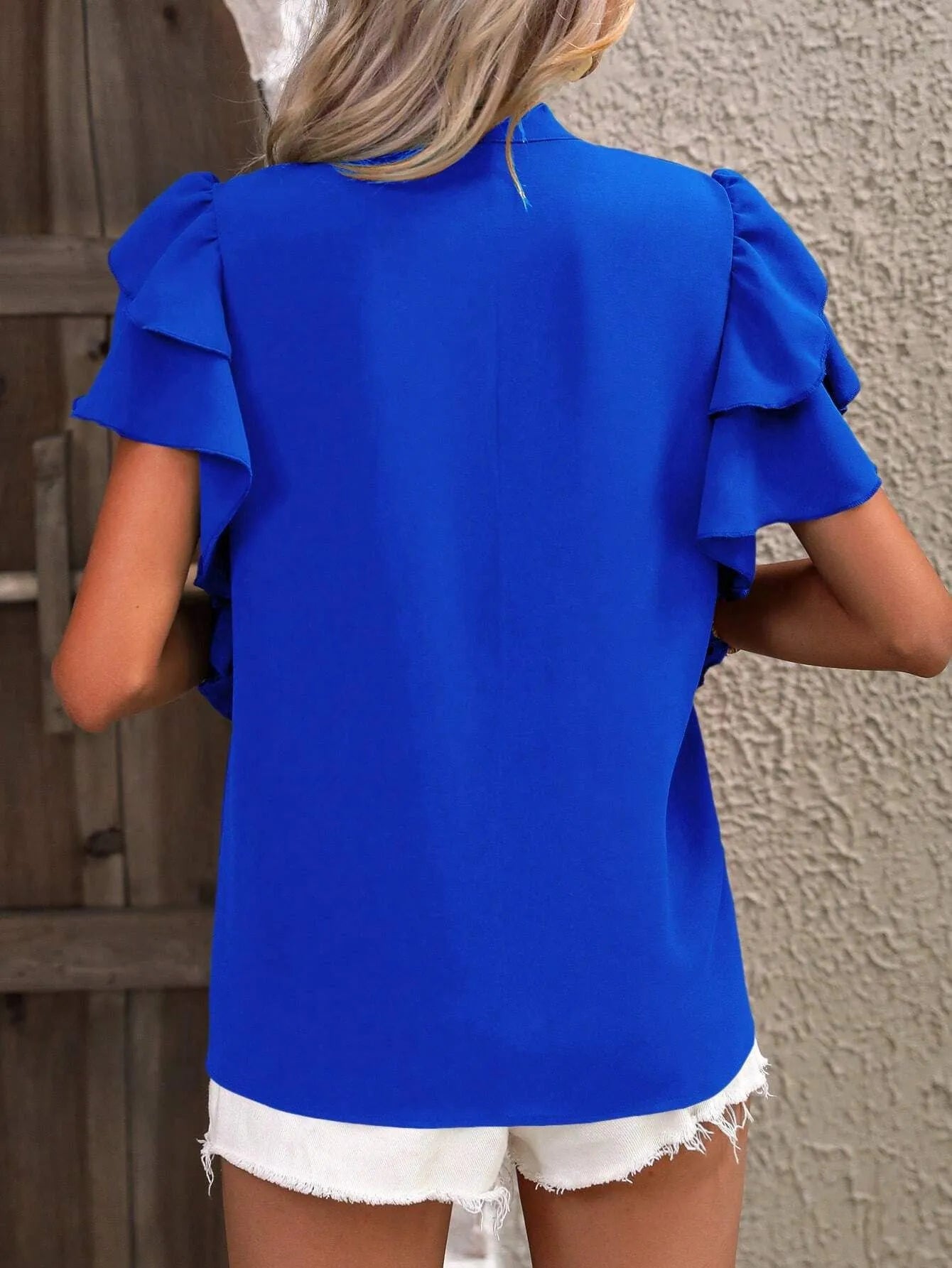 Ruffle Sleeve Notched Blouse - kinko