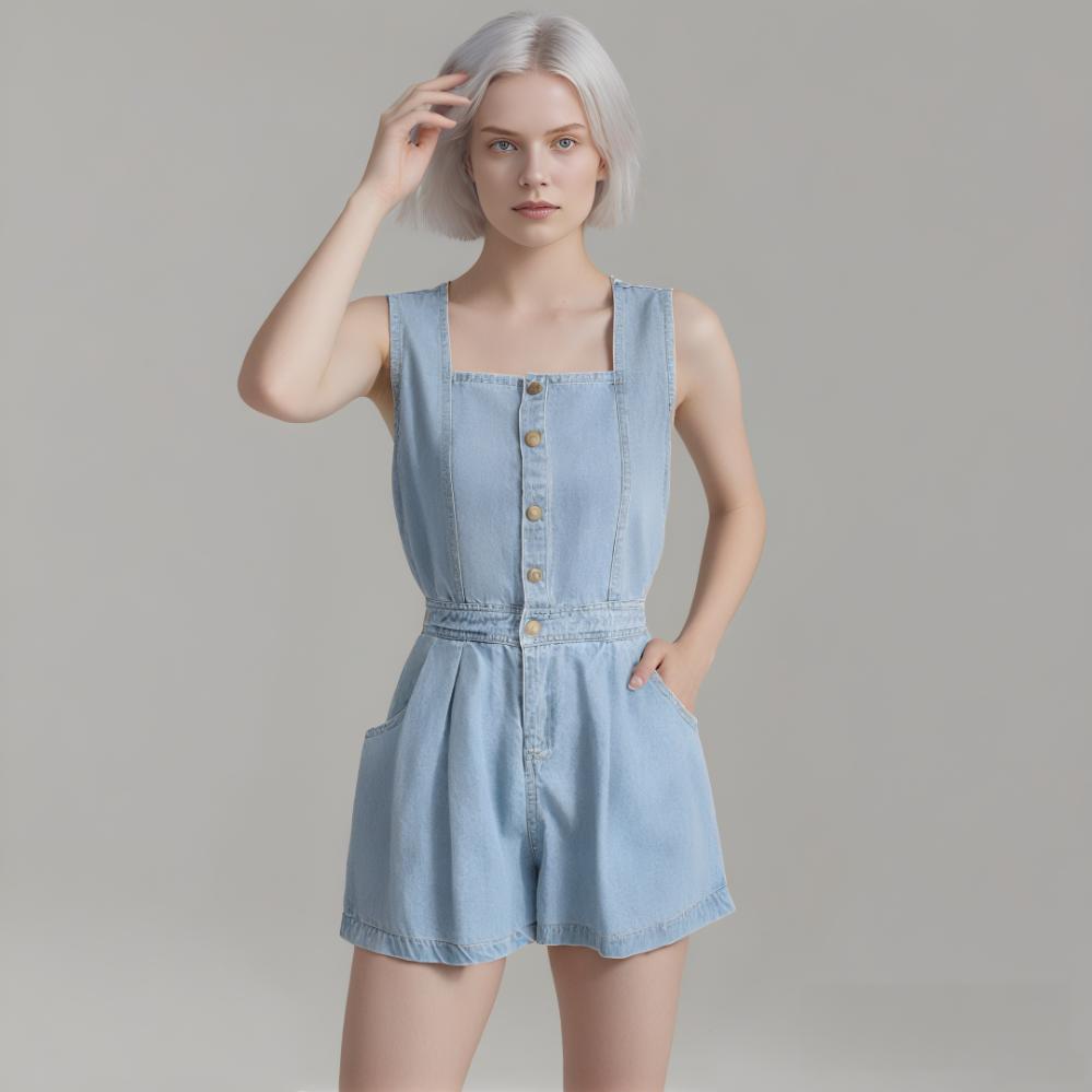 Hot Girl Strap Denim Jumpsuit Women's Back Slit Single-breasted High Waist Wide Leg Pants - kinko
