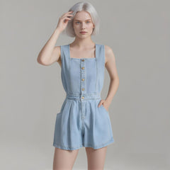 Hot Girl Strap Denim Jumpsuit Women's Back Slit Single-breasted High Waist Wide Leg Pants - kinko