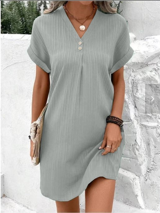Fashion V-neck Short-sleeved Dress Casual Solid Strip Button Dresses Womens Clothing - kinko