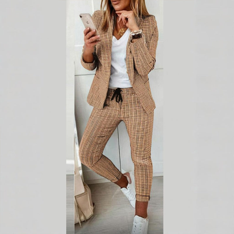 Women's Solid Color Plaid Long Sleeve Suit Two-piece Set With Pockets & Drawstring Waist Office Wear For Spring&Fall - kinko