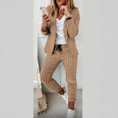 Women's Solid Color Plaid Long Sleeve Suit Two-piece Set With Pockets & Drawstring Waist Office Wear For Spring&Fall - kinko