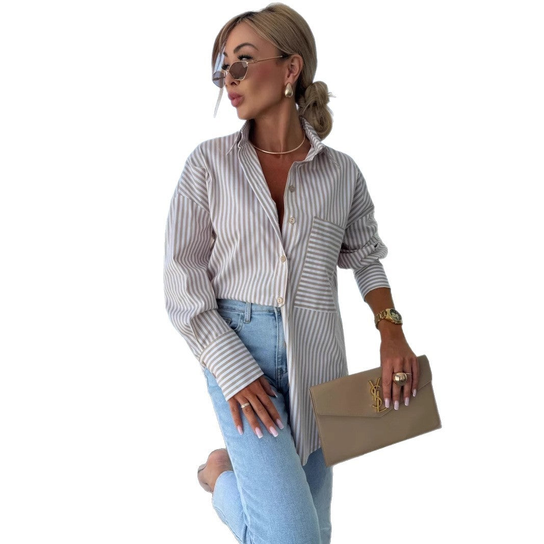 Fashion Casual Button Striped Printed Long Sleeves Shirt - kinko