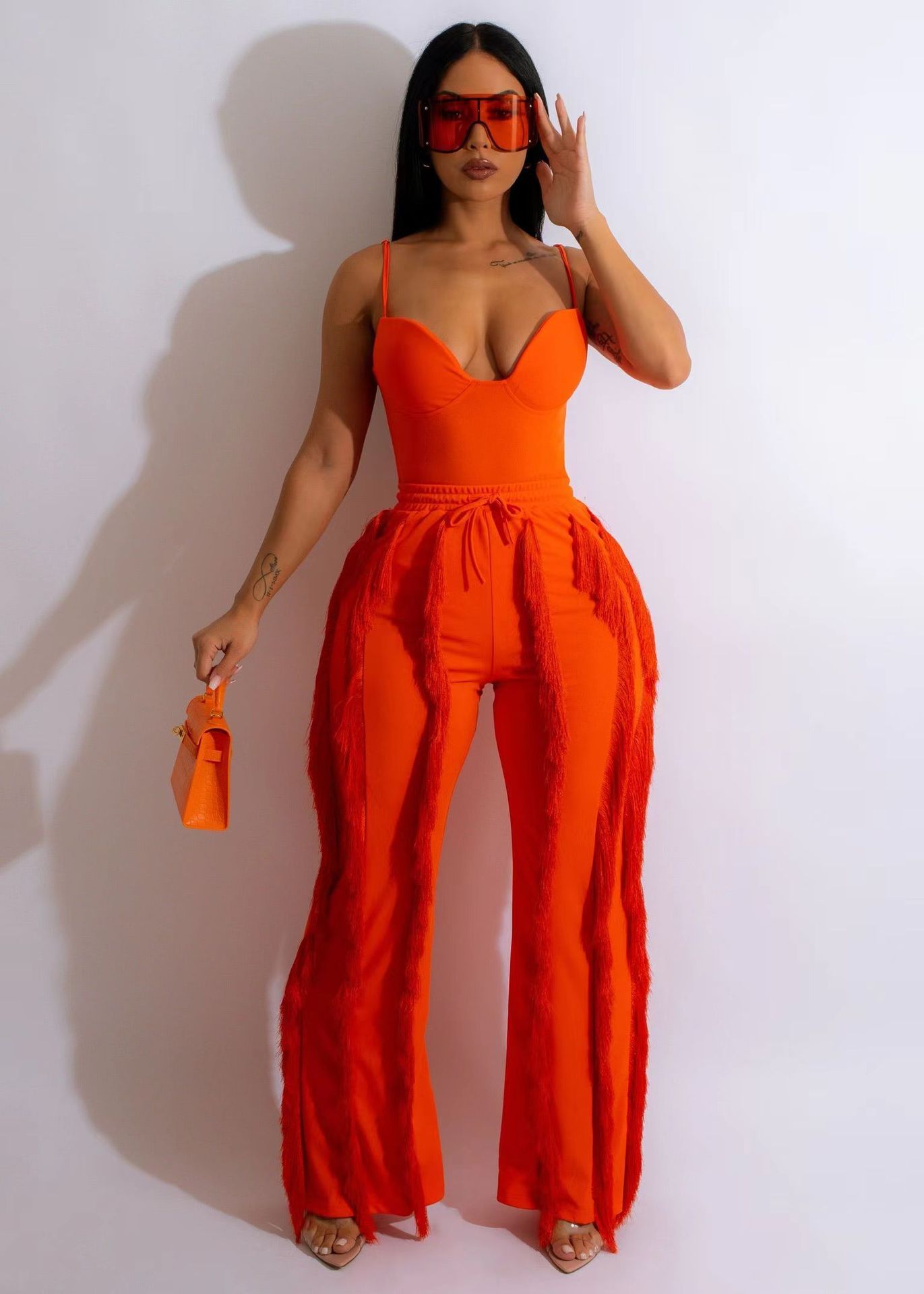 Solid Color Tassel Two-piece Suit - kinko