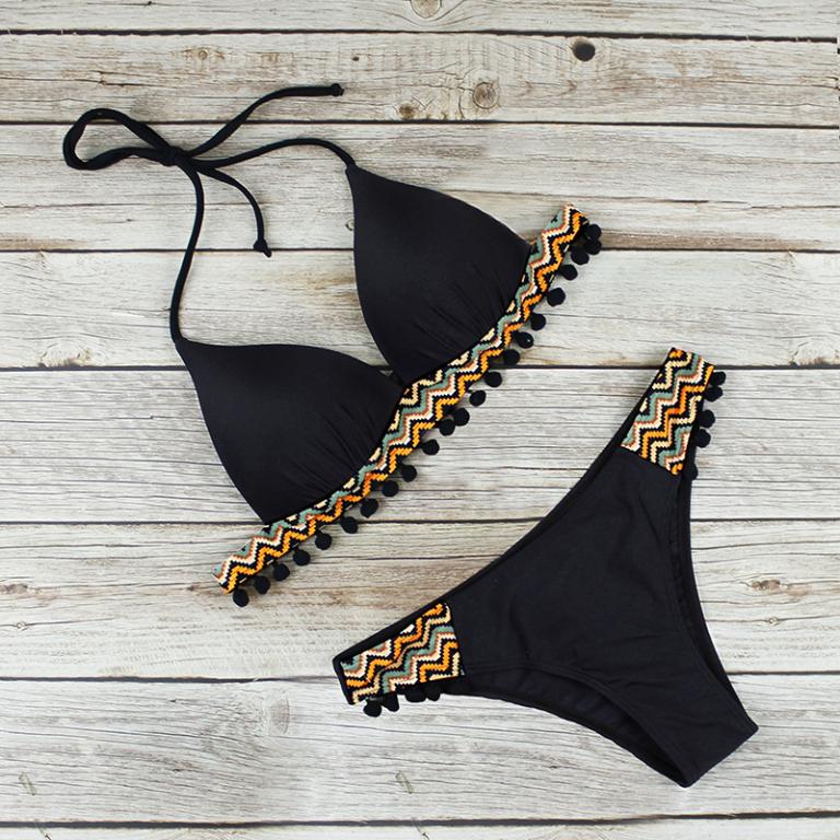 Sexy patchwork tassel swimwear Halter triangle bikini Low waist swimsuit women Black bathing suit Swimming Biquini - kinko Global Holdings inc