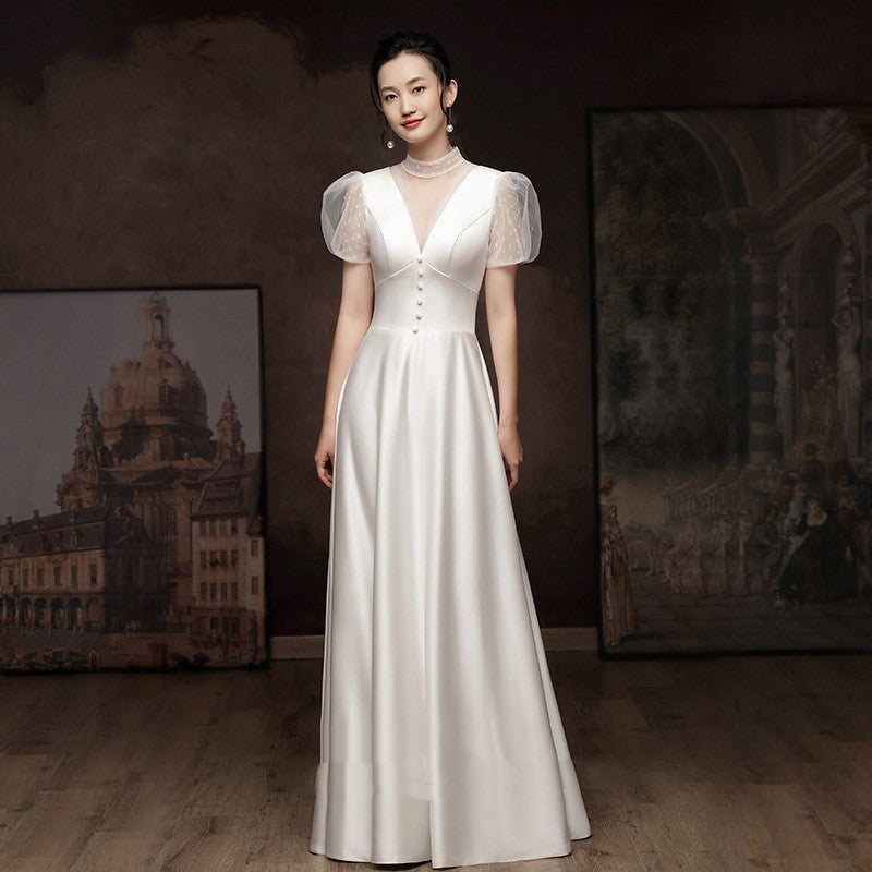 White Engagement Wedding Dress Female French Satin Light Wedding Dress - kinko