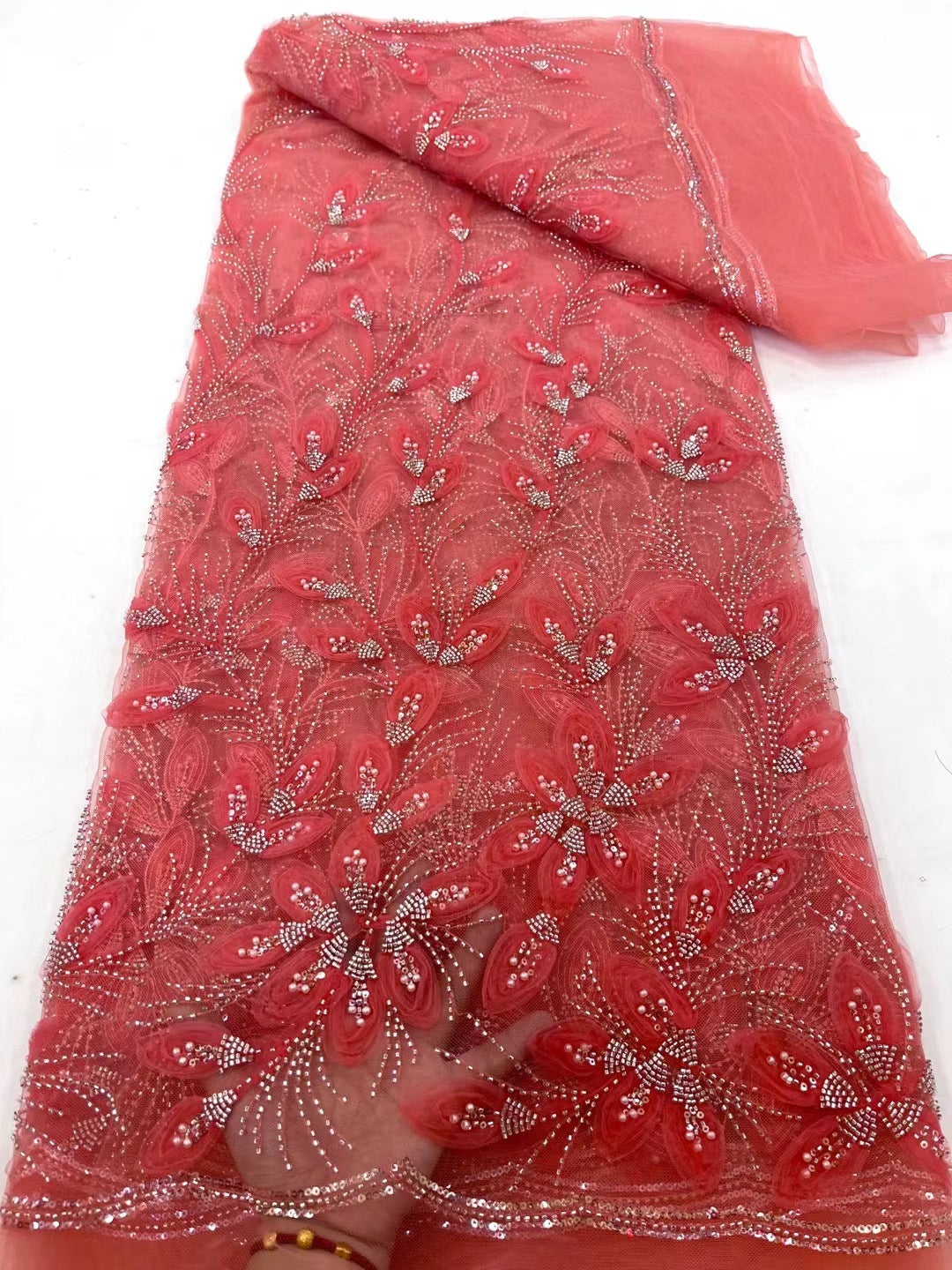 Ribbon Flower Beaded Tulle Lace Fabric Cocktail Party Occasion Evening Dress Embroidered Cloth Lace - kinko