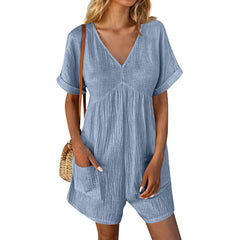 Womens Summer Romper Casual Short Sleeve V Neck Short Jumpsuits With Pockets - kinko