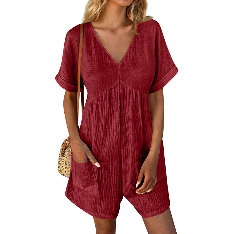 Womens Summer Romper Casual Short Sleeve V Neck Short Jumpsuits With Pockets - kinko