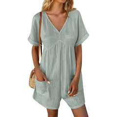 Womens Summer Romper Casual Short Sleeve V Neck Short Jumpsuits With Pockets - kinko