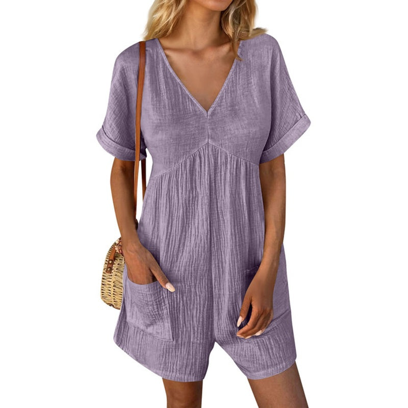 Womens Summer Romper Casual Short Sleeve V Neck Short Jumpsuits With Pockets - kinko