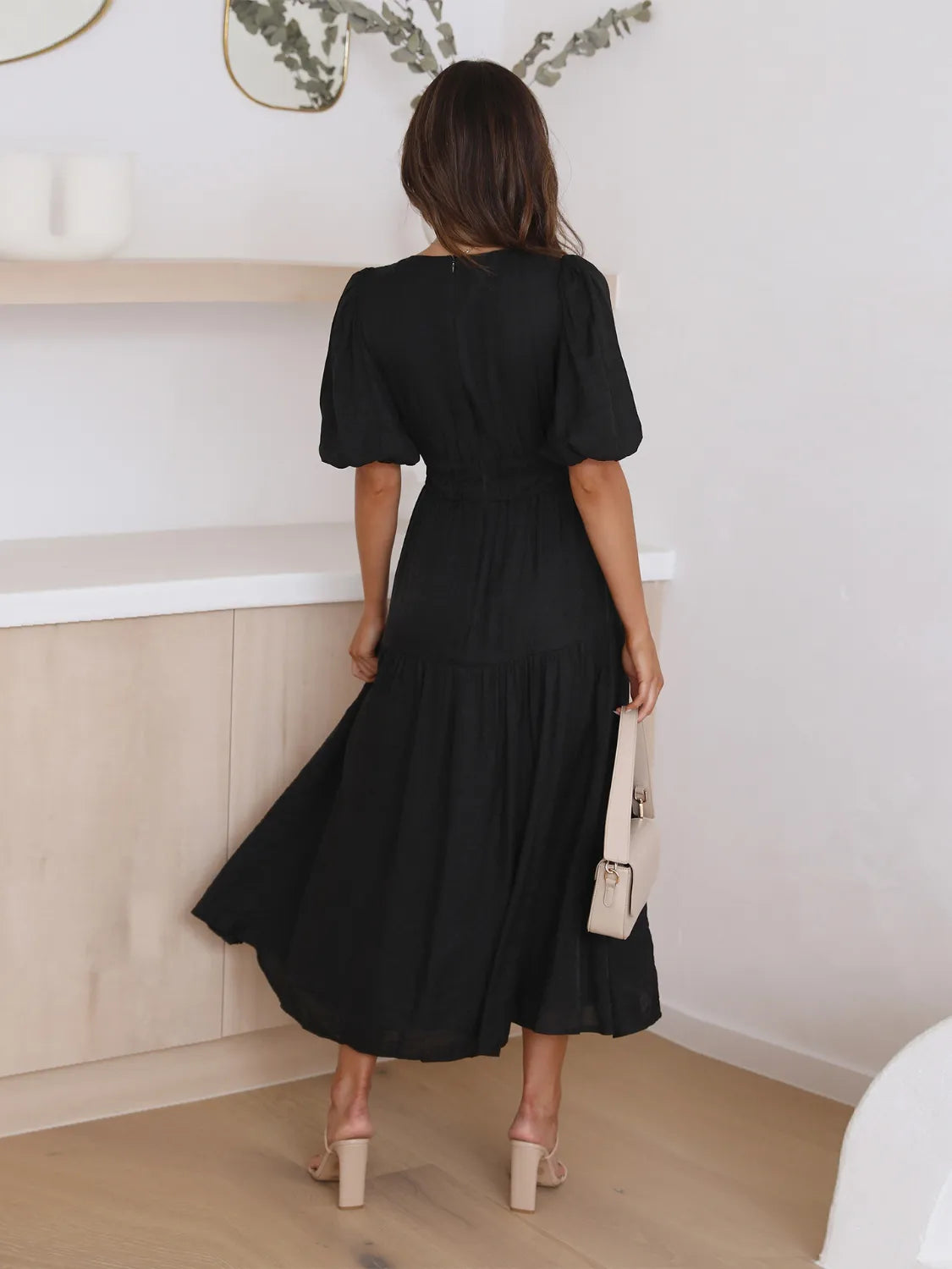 Tiered Surplice Half Sleeve Midi Dress - kinko
