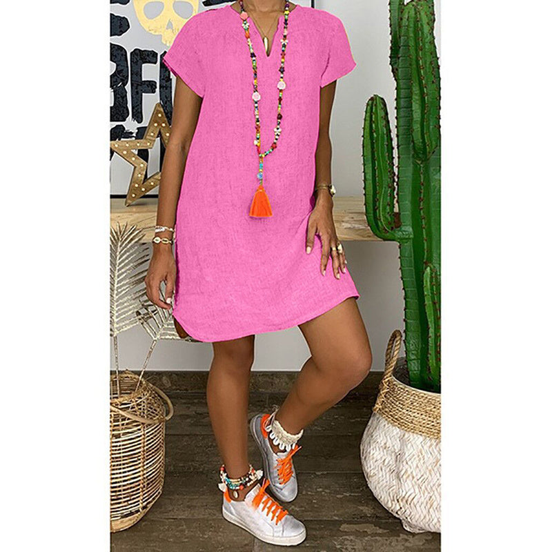 Womens Summer Casual Solid Color V Neck Short Sleeve Dresses Boho Beach Sundresses - kinko